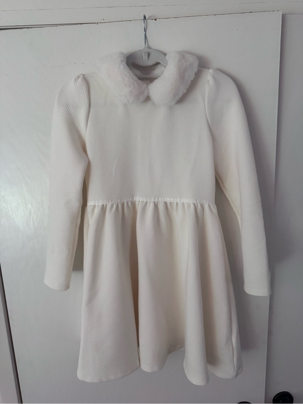 Janie and Jack Cream Textured Long-Sleeve Dress with Faux Fur Collar